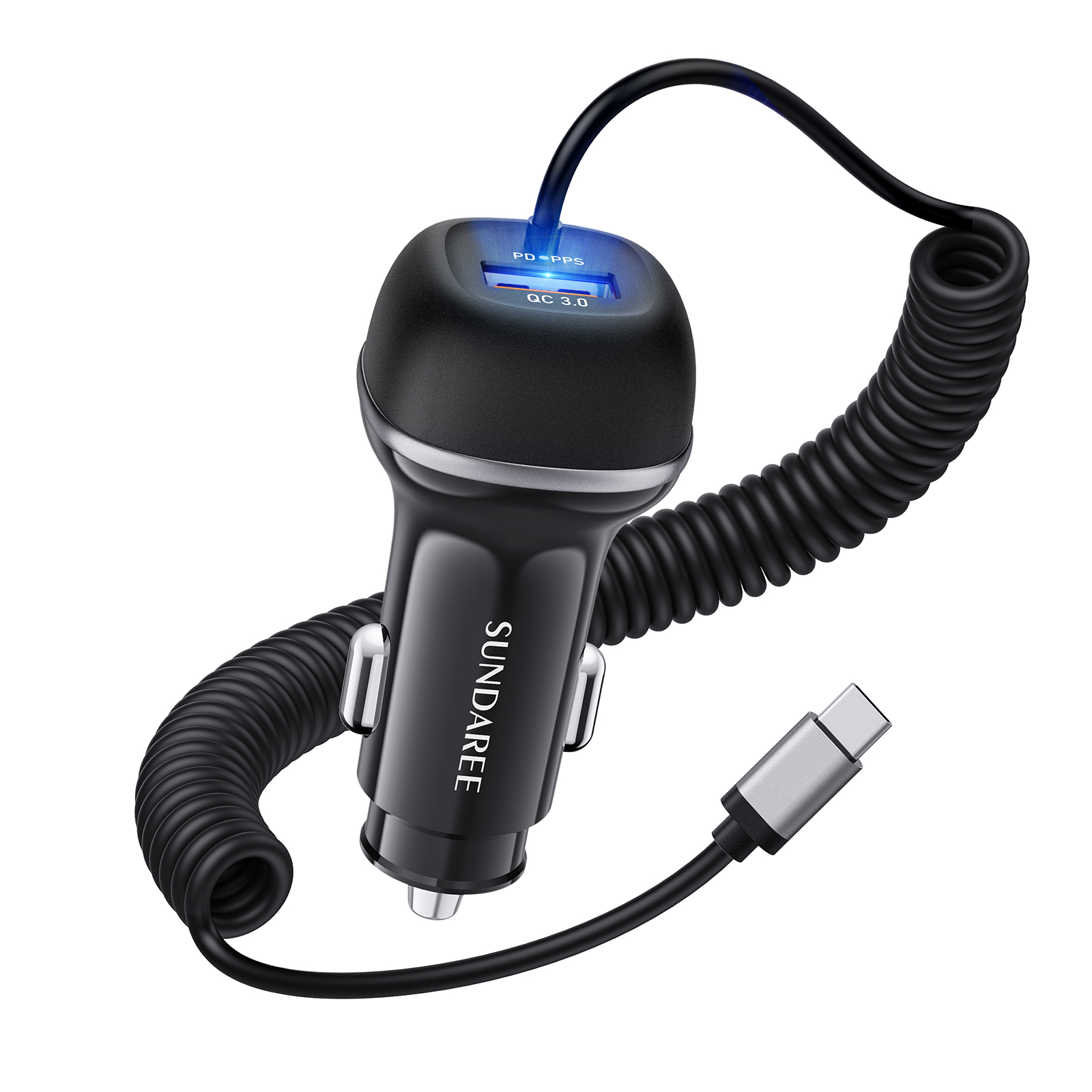 SUNDAREE USB C 96W Super Fast Car Charger PD & QC3.0 with 5ft 45W Type C Coiled Cable, Car Phone