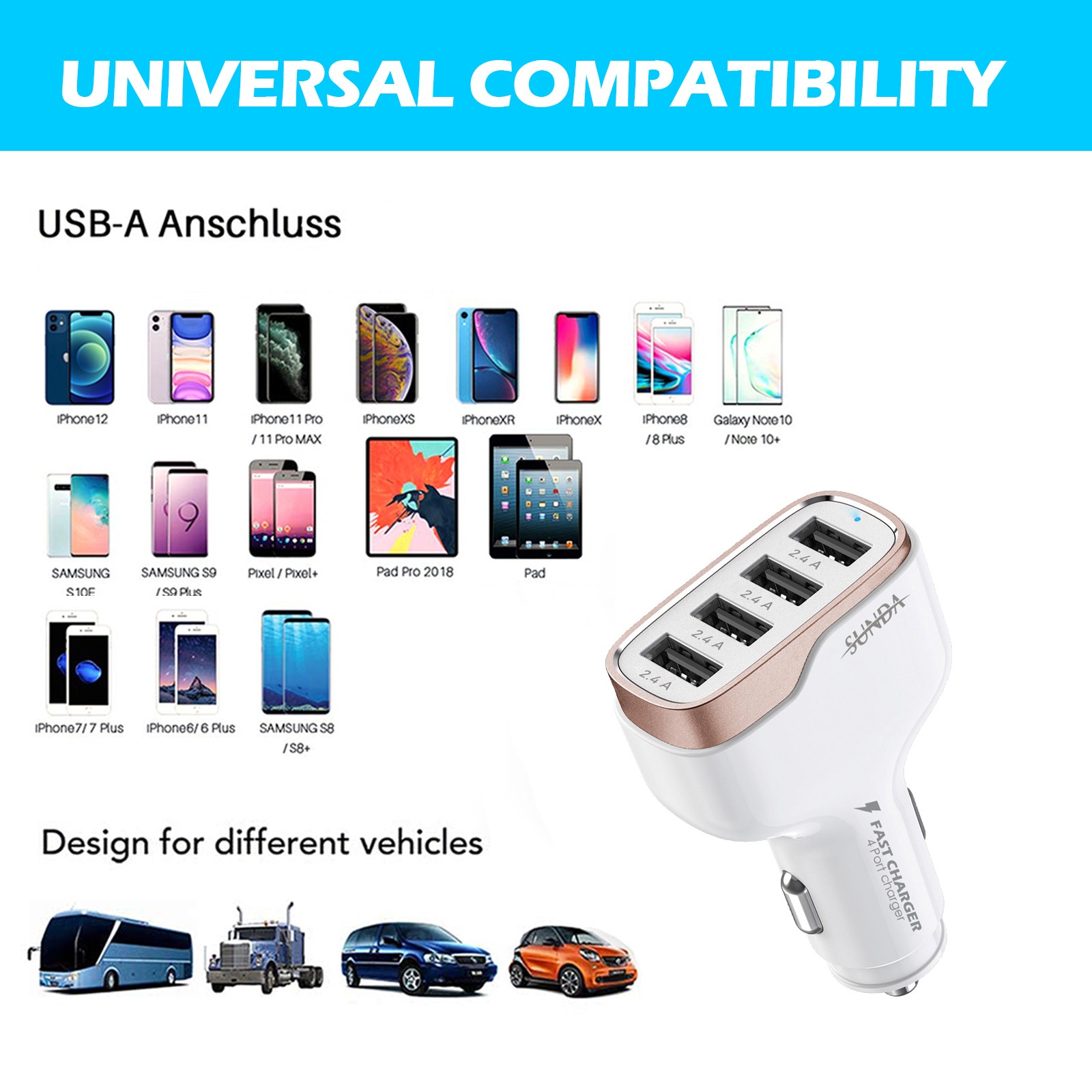 Best Four Ports 48W In Car Phone Charger