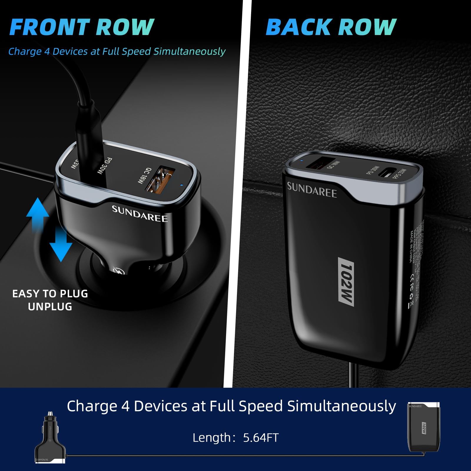 4 Multi Ports USB C Car Charger, 102W Fast Car Charger Adapter, PD 45W Compatible with iPhone/Galaxy/Samsung and more