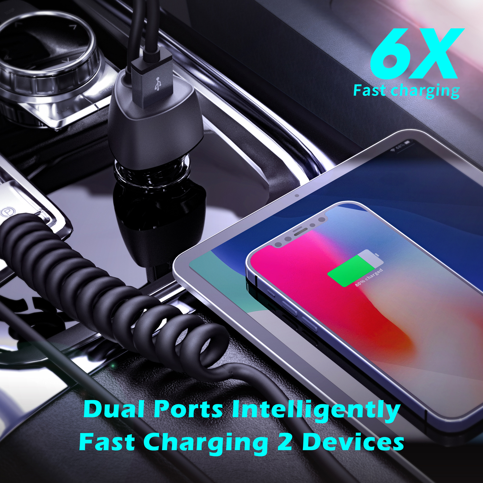 SUNDA USB C Fast Car Charger 51W Dual Ports, Built-in 5.9FT Type C Phone Charger Cable, USB-C Port Charger with PPS 33W/PD 30W/&QC 18W, Compatible with Samsung Galaxy and more