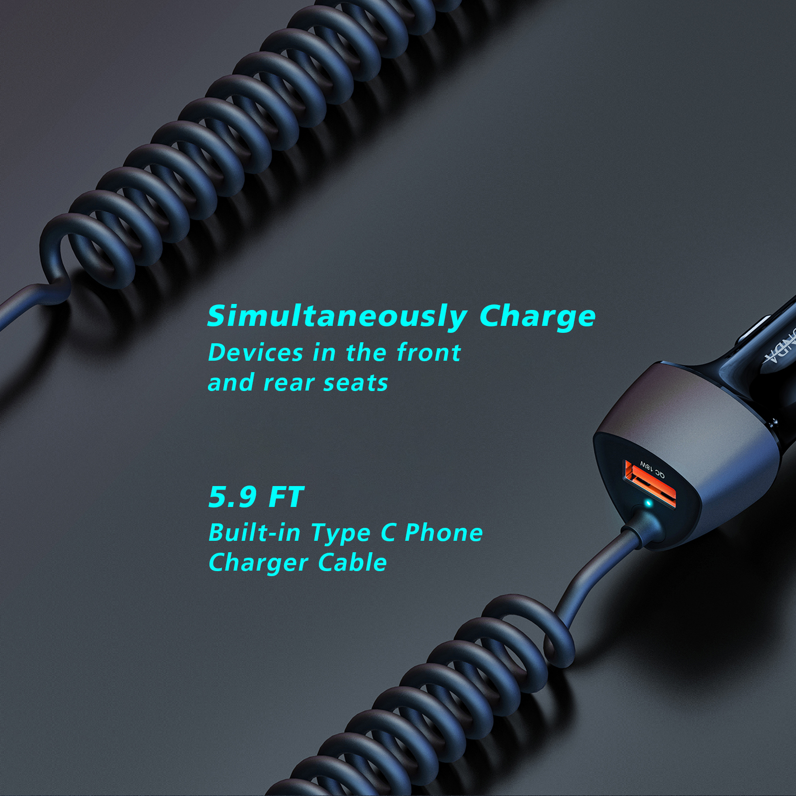 SUNDA USB C Fast Car Charger 51W Dual Ports, Built-in 5.9FT Type C Phone Charger Cable, USB-C Port Charger with PPS 33W/PD 30W/&QC 18W, Compatible with Samsung Galaxy and more