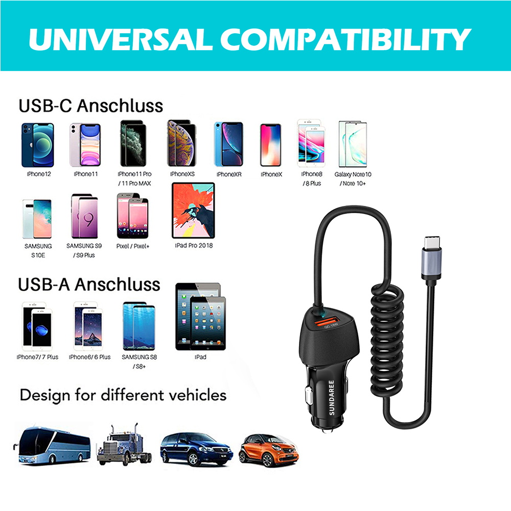 SUNDA Factory wholesale car phone charger 51w fast charging Usb Type-C Car Charger With Cable