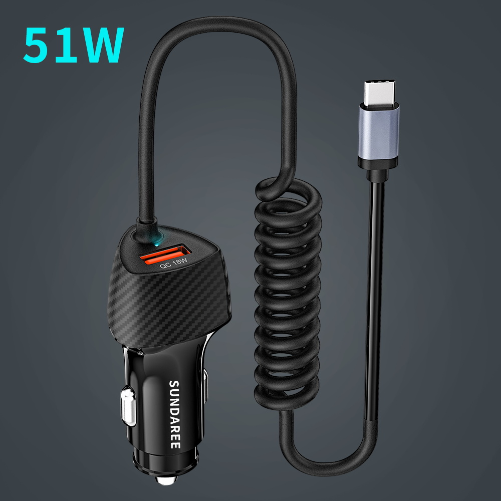 SUNDA Factory wholesale car phone charger 51w fast charging Usb Type-C Car Charger With Cable