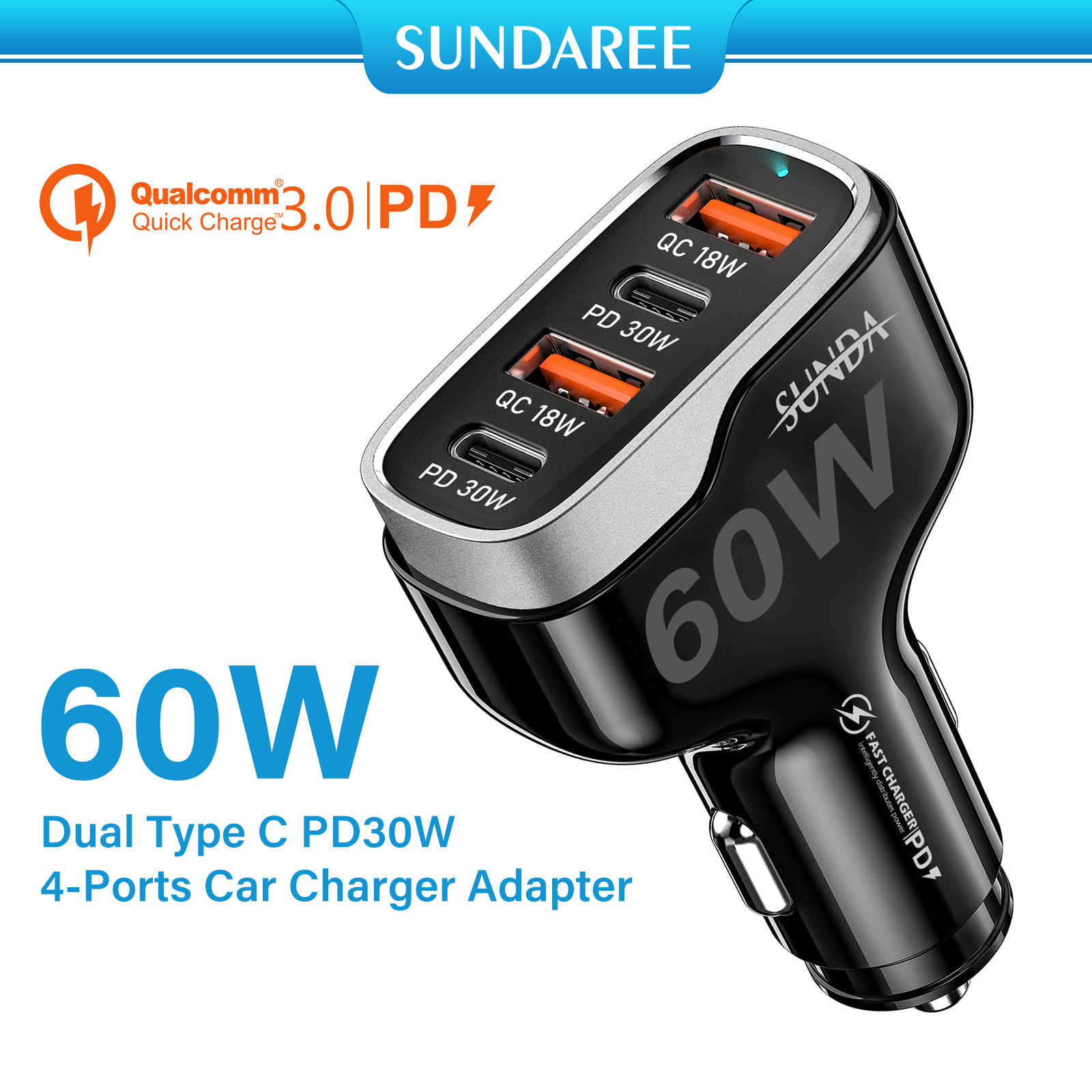 SUNDA 60W USB C Fast Car Charger | 4-Ports Car Charger Adapter | Dual Type C PD30W/PPS30W Compatible with iPhone,Galaxy/Samsung