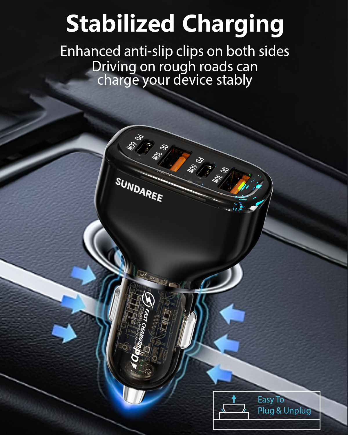 SUNDA 120W USB C Fast Car Charger, 4-Ports Car Charger Adapter, Dual Type C PD60W/PPS60W Compatible with iPhone/Galaxy/Samsung and more