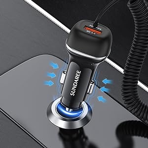 SUNDAREE USB C 96W Super Fast Car Charger PD & QC3.0 with 5ft 45W Type C Coiled Cable, Car Phone Charger Adapter for iPhone, Samsung Galaxy and More