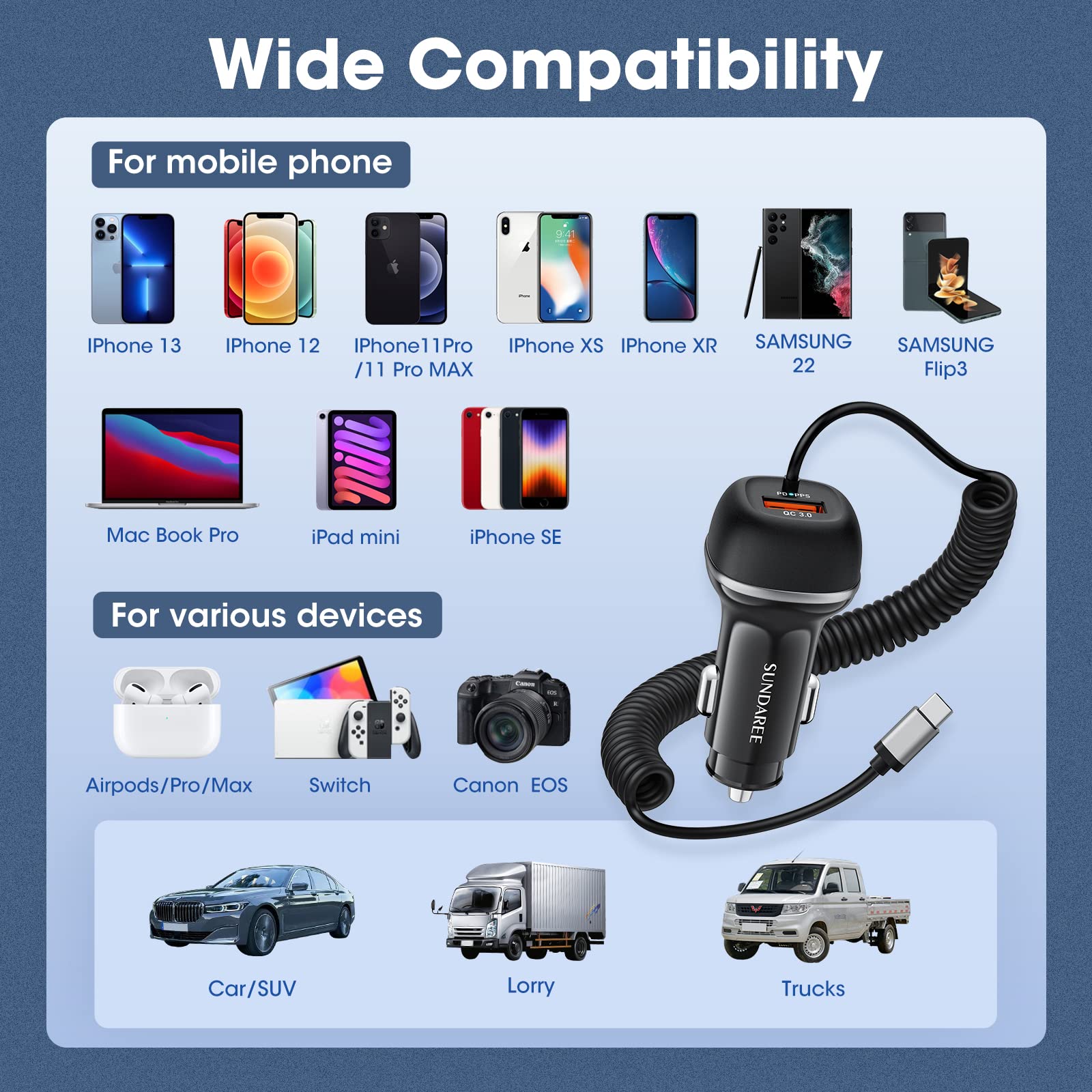 SUNDAREE USB C 96W Super Fast Car Charger PD & QC3.0 with 5ft 45W Type C Coiled Cable, Car Phone Charger Adapter for iPhone, Samsung Galaxy and More