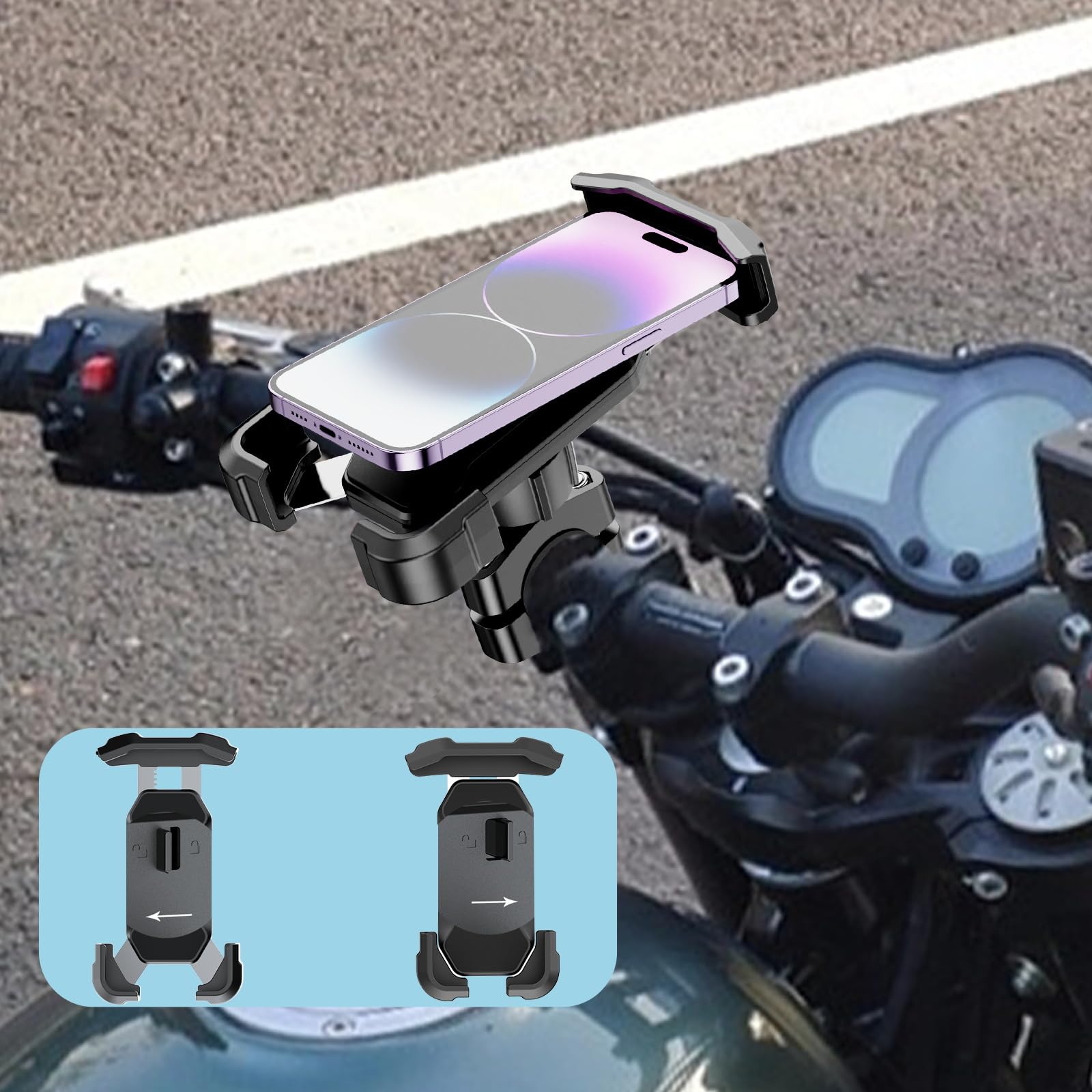SUNDAREE Motorcycle Phone holder with Aluminum Mirror Mount HolderClamp, 360° Rotating Motorcycle Phone Holder for iPhone 15 Pro Max/Plus, 14 ProMax, and More 4.7" to 6.8"Smartphones