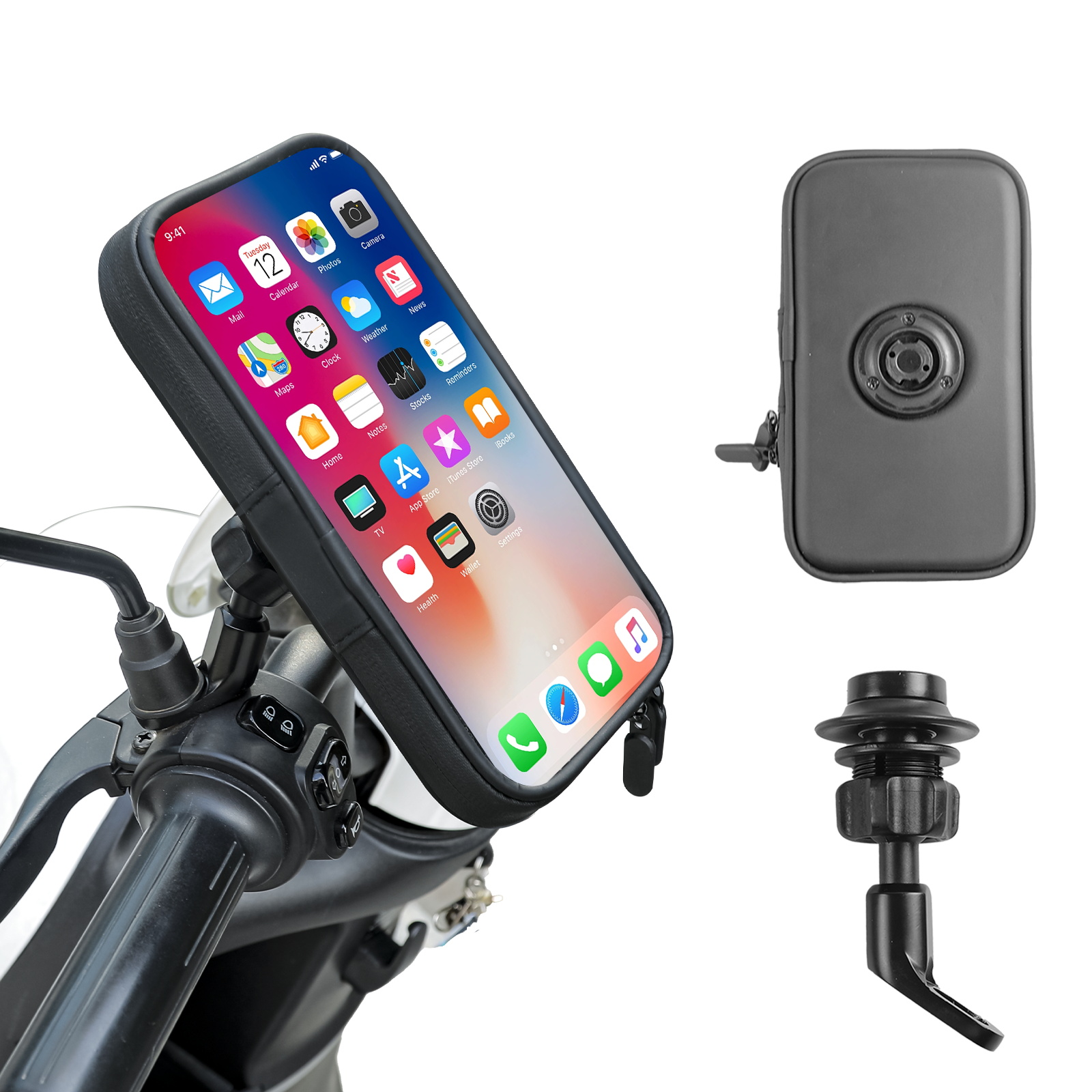 SUNDAREE Motorcycle Phone Waterproof Bag with Aluminum Mirror Mount Holder Clamp, 360° Rotating Moto