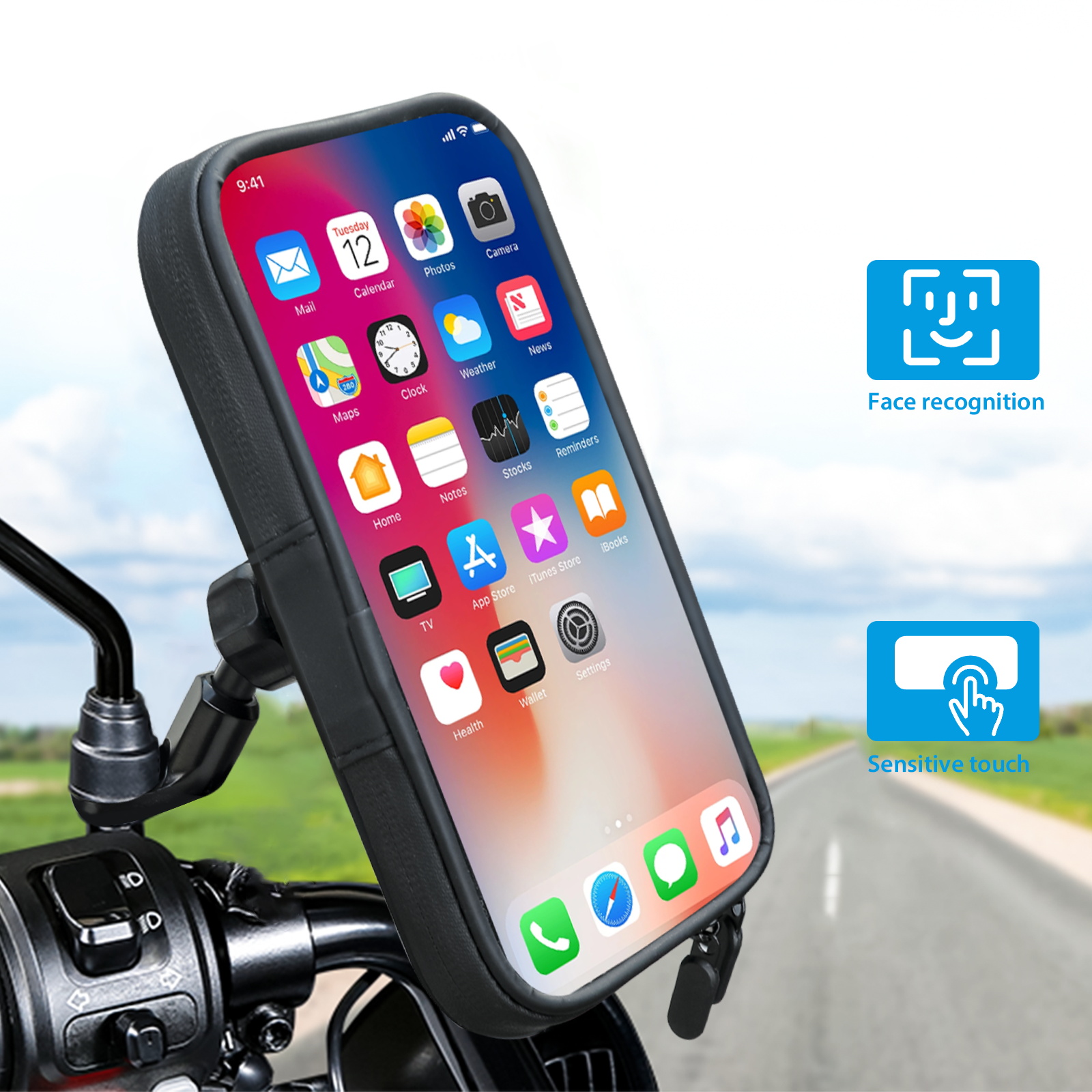 SUNDAREE Motorcycle Phone Waterproof Bag with Aluminum Mirror Mount Holder Clamp, 360° Rotating Motorcycle Phone Holder for iPhone 15 Pro Max/Plus more