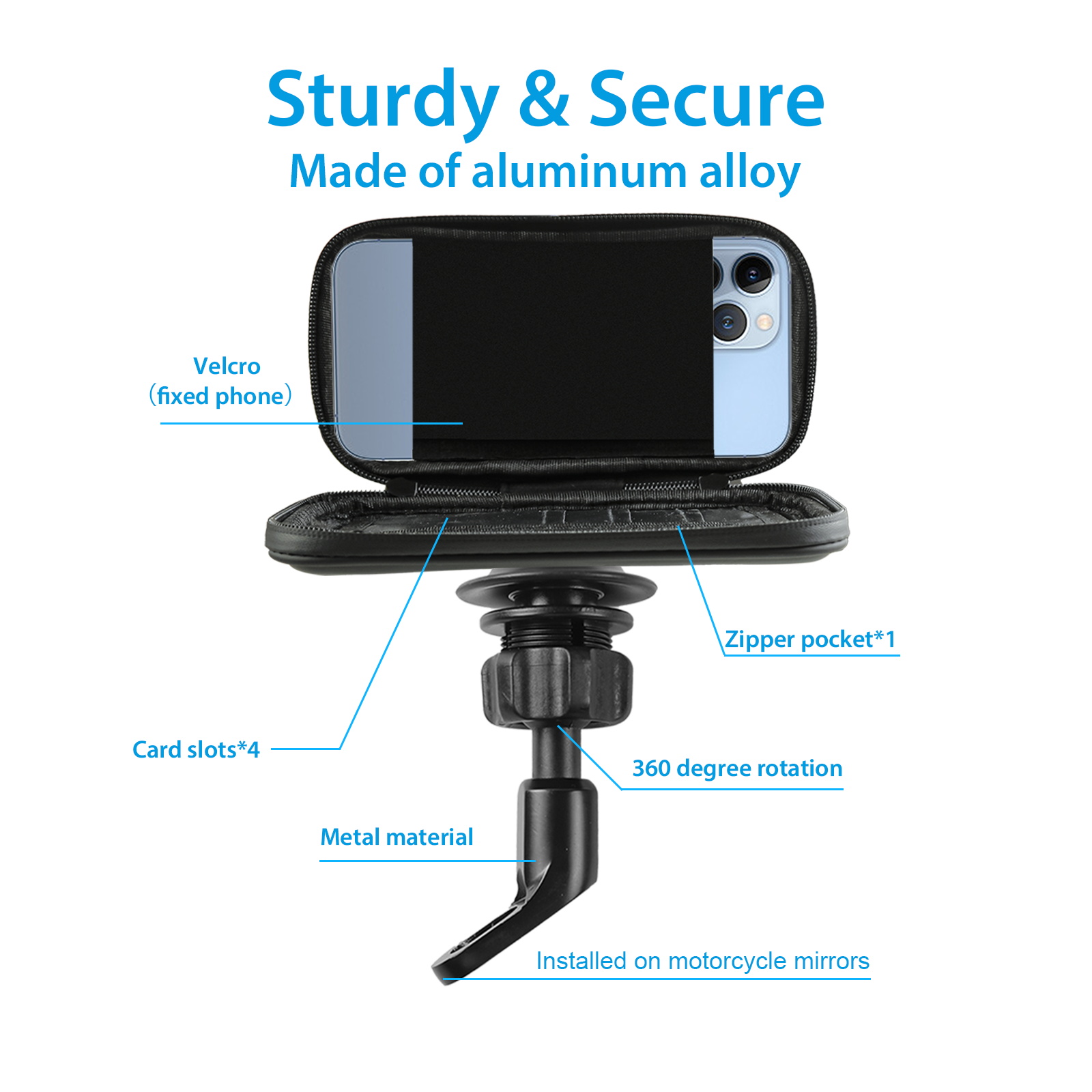 SUNDAREE Motorcycle Phone Waterproof Bag with Aluminum Mirror Mount Holder Clamp, 360° Rotating Motorcycle Phone Holder for iPhone 15 Pro Max/Plus more