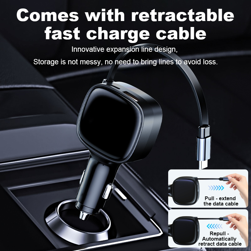 3 in 1 84W New Automatic Telescopic Line Car Charger PD Fast Charging Charger Retractable Car Charger Wholesale Customization