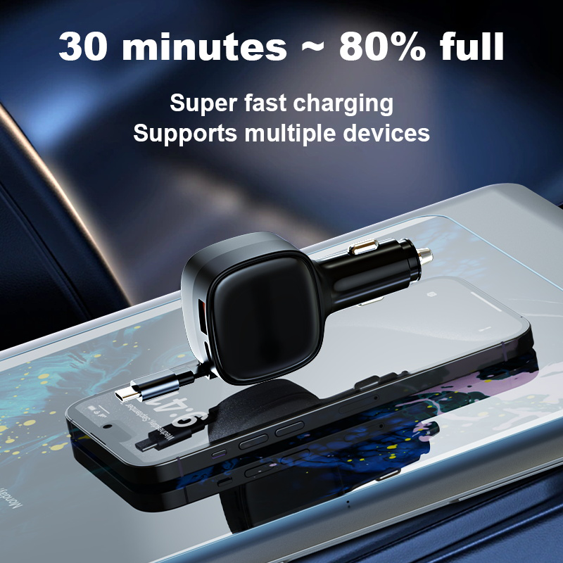 3 in 1 84W New Automatic Telescopic Line Car Charger PD Fast Charging Charger Retractable Car Charger Wholesale Customization