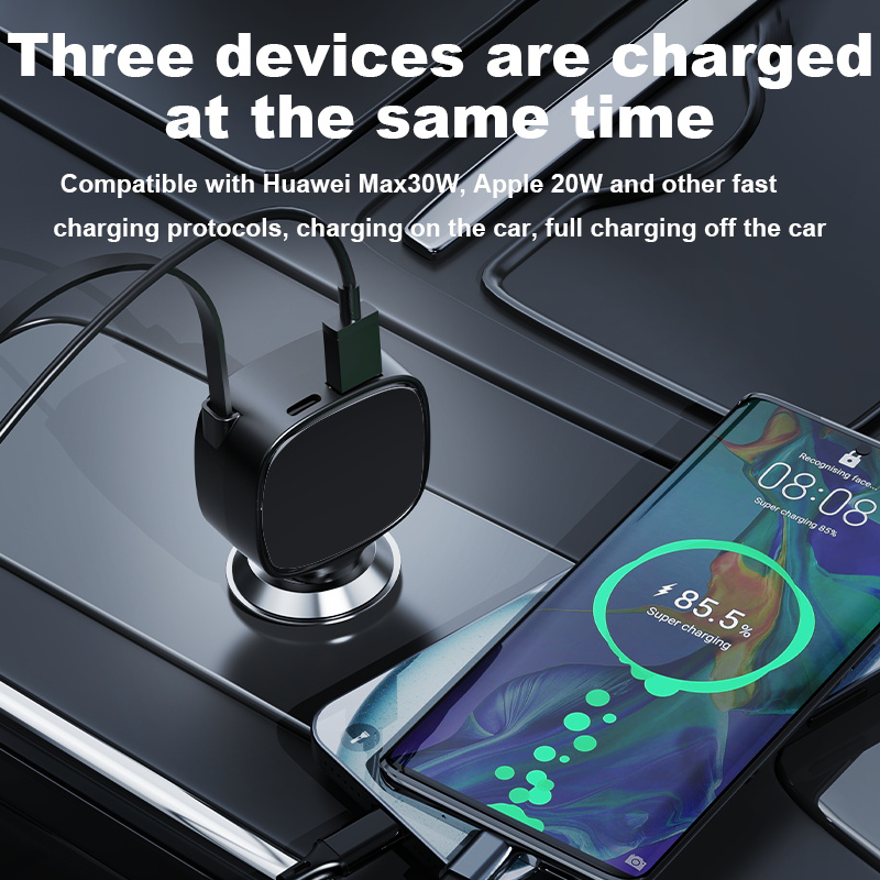 3 in 1 84W New Automatic Telescopic Line Car Charger PD Fast Charging Charger Retractable Car Charger Wholesale Customization