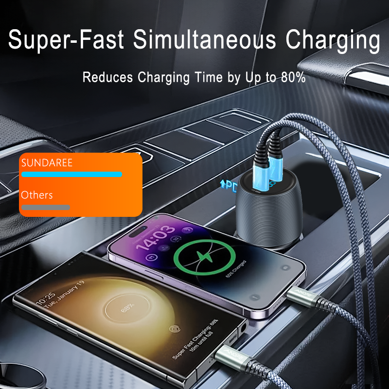 Aluminum Alloy Digital USB C Car Charger Adapter Fast Charge, 83W Metal Cigarette Lighter USB Charger for iPhone 15 Smallest Flush Car Charger USB C for iPhone 14 Pro Max 13 12 Galaxy S23/22 