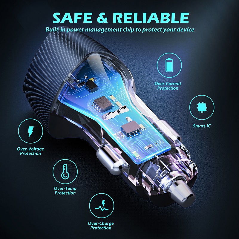 48W 2-Port Fast Charging Adapter with PD&QC3.0 USB C Car Charger Quick PD Charger for phone