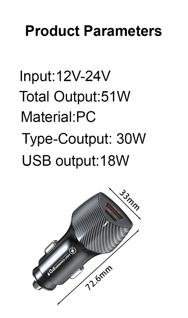 48W 2-Port Fast Charging Adapter with PD&QC3.0 USB C Car Charger Quick PD Charger for phone
