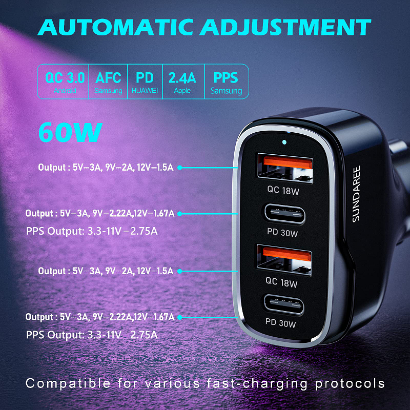  4-Port Car Charger Fast Charging 60W Car Charger Adapter 4 Port USB-A QC3.0 Type-C PD for iPhone 16 16e 15 17 Air Pro Max, Samsung