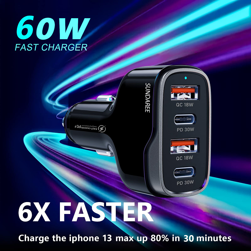  4-Port Car Charger Fast Charging 60W Car Charger Adapter 4 Port USB-A QC3.0 Type-C PD for iPhone 16 16e 15 17 Air Pro Max, Samsung